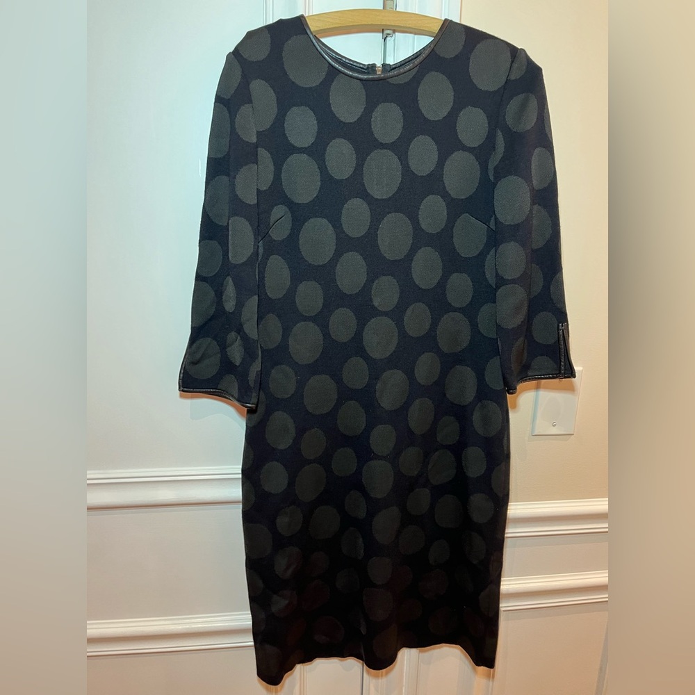 ST. JOHN Navy Blue Large Dot Wool Blend Knit Leather Trim Sheath Dress 6